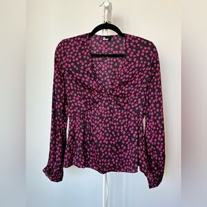 The Kooples Pink and Black Floral Satin Long Sleeve Blouse